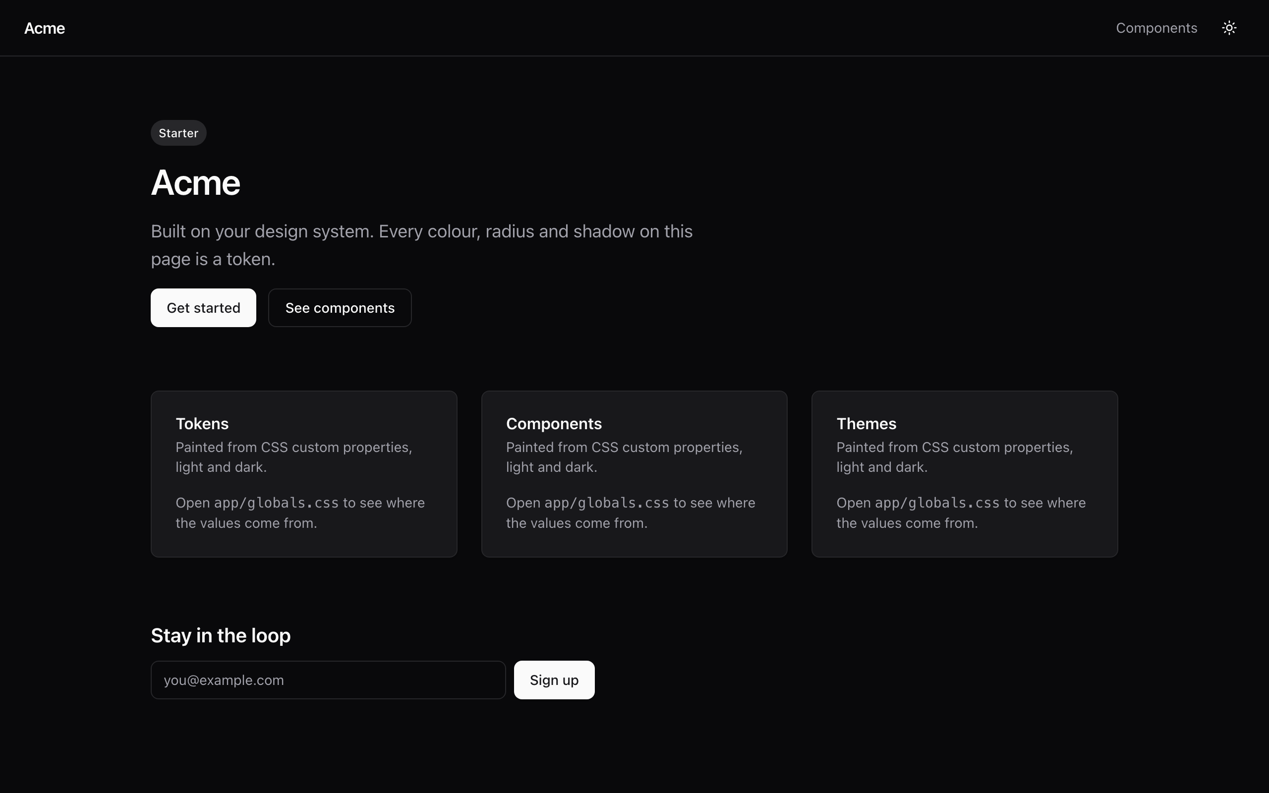 Generated Next.js starter, home page, dark