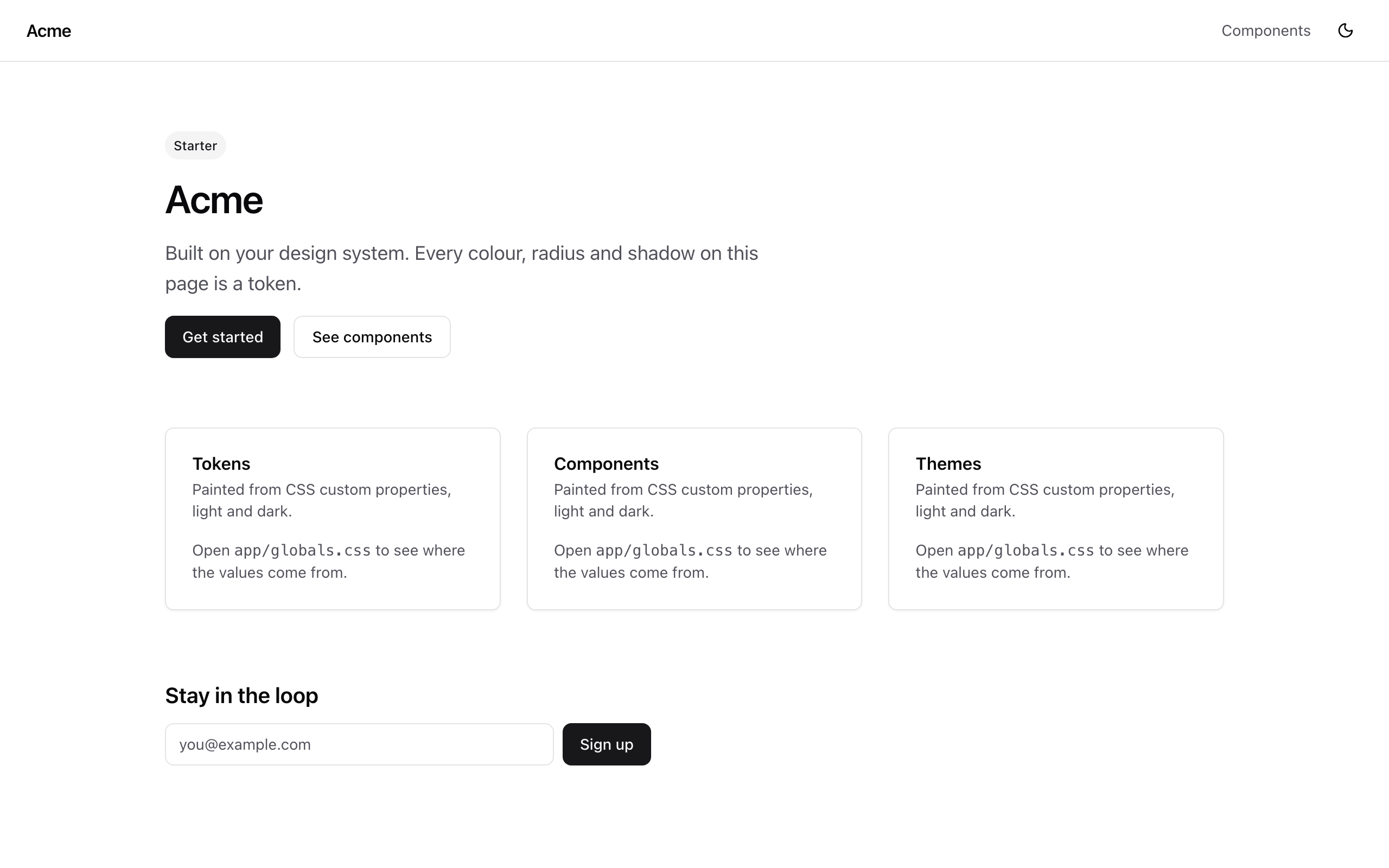 Generated Next.js starter, home page, light